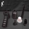 Mini Vacuum Cleaner parts: including a handheld device, bottle, nozzle, brush, and funnel on a dark background.