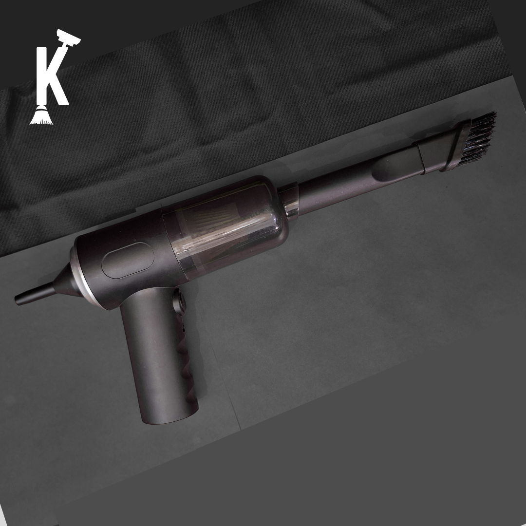 Handheld vacuum cleaner on a dark background with a brand logo in the corner.